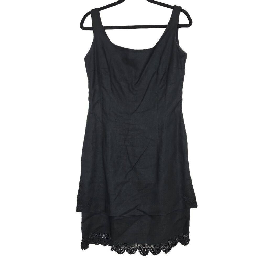 Vintage Geary Roark Black Linen Sheath Dress Sz 14 M/L Sleeveless Crochet Classy